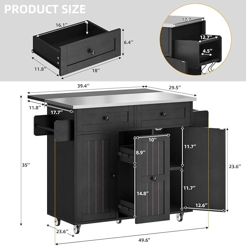 DWVO Kitchen Island on Wheels, Mobile Kitchen Island Cart with Folding Drop Leaf Breakfast Bar, Island Table for Kitchen with Large Storage Cabinets, Racks, Drawers and Adjustable Shelves, Black - Image 4