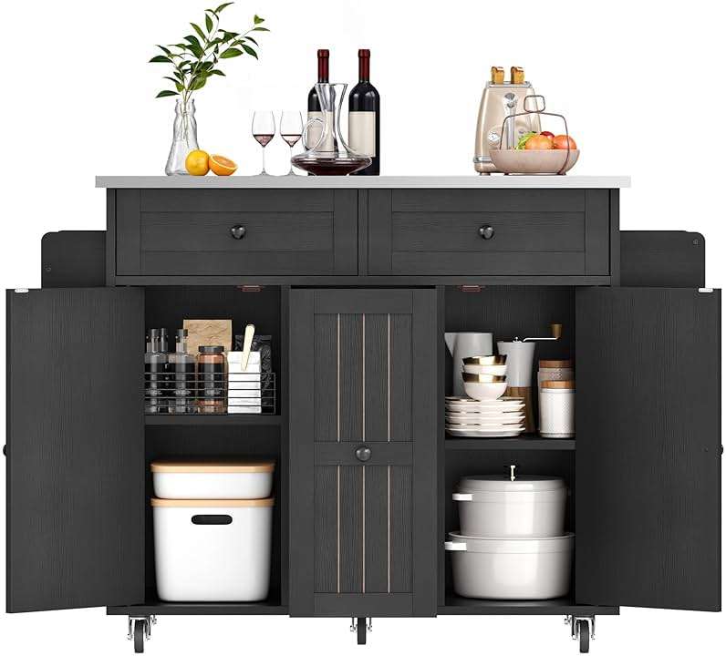 DWVO Kitchen Island on Wheels, Mobile Kitchen Island Cart with Folding Drop Leaf Breakfast Bar, Island Table for Kitchen with Large Storage Cabinets, Racks, Drawers and Adjustable Shelves, Black - Image 4