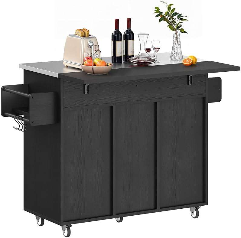 DWVO Kitchen Island on Wheels, Mobile Kitchen Island Cart with Folding Drop Leaf Breakfast Bar, Island Table for Kitchen with Large Storage Cabinets, Racks, Drawers and Adjustable Shelves, Black - Image 6