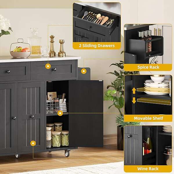 DWVO Kitchen Island on Wheels, Mobile Kitchen Island Cart with Folding Drop Leaf Breakfast Bar, Island Table for Kitchen with Large Storage Cabinets, Racks, Drawers and Adjustable Shelves, Black - Image 6