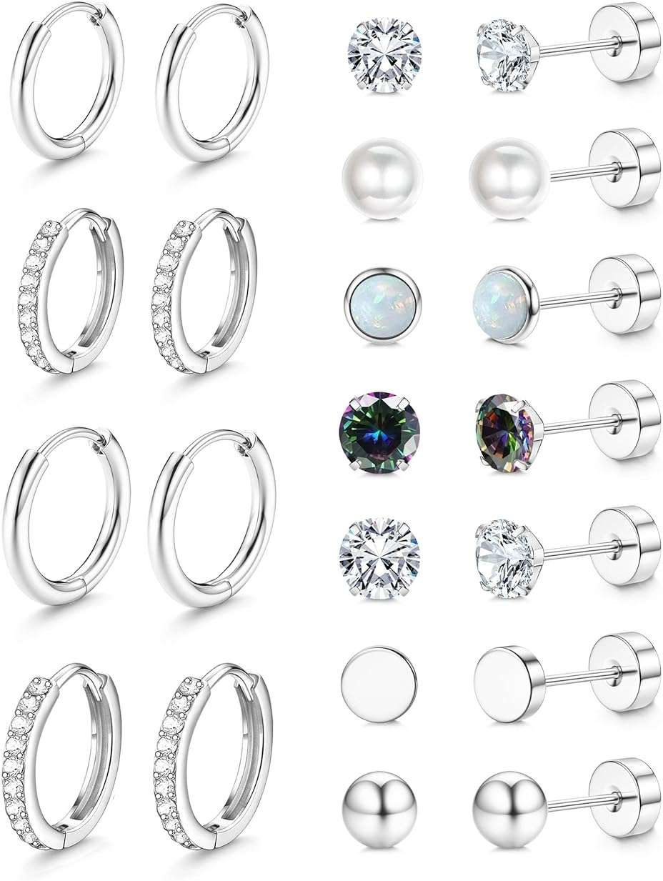 Jstyle Hypoallergenic Stud Hoop Earrings for Women Small Flat Back Surgical Stainless Steel Earrings for Sensitive Ears Trendy Silver Hoops Cartilage Earring Stacks Set Multiple Piercing Jewelry Gifts - Image 1