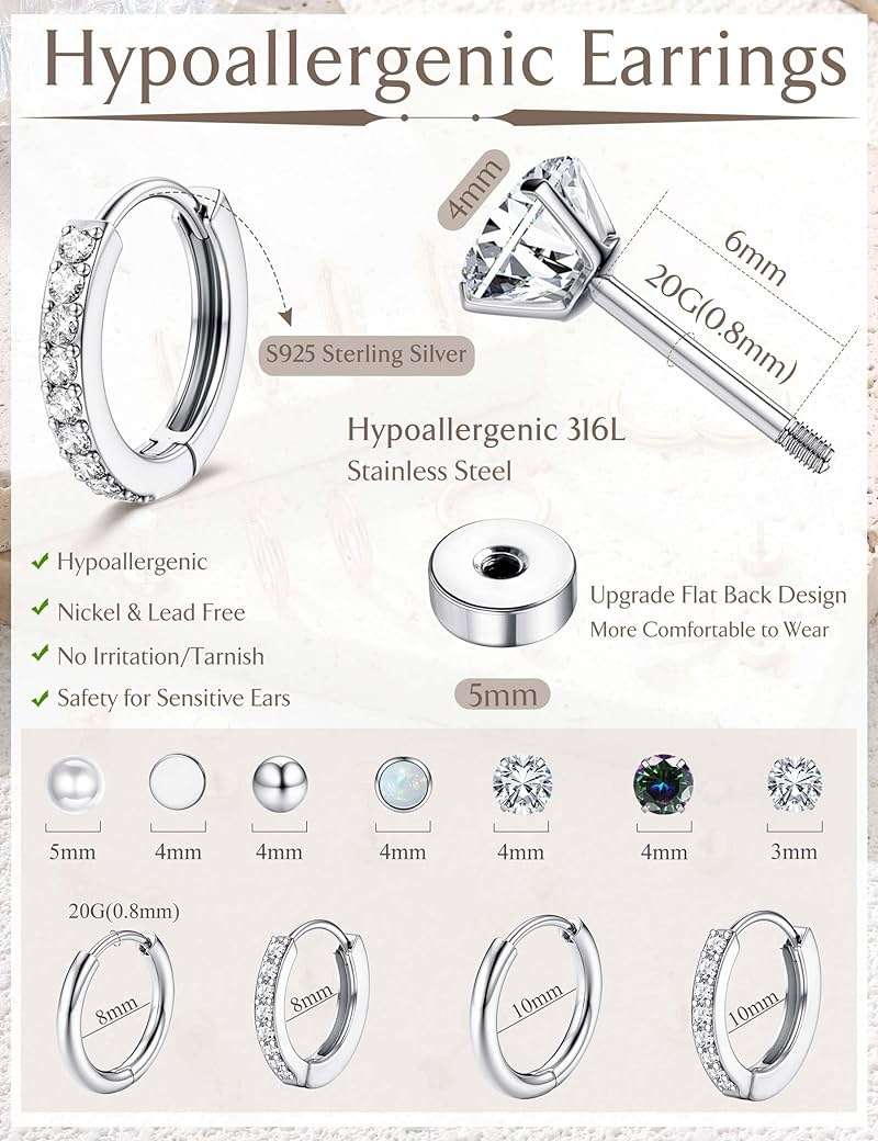 Jstyle Hypoallergenic Stud Hoop Earrings for Women Small Flat Back Surgical Stainless Steel Earrings for Sensitive Ears Trendy Silver Hoops Cartilage Earring Stacks Set Multiple Piercing Jewelry Gifts - Image 6