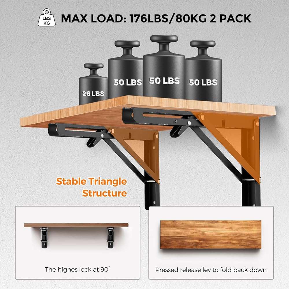JOY DECOR 12 Inch Heavy Duty Folding Shelf Brackets, 2 Pack (1 Pair) Collapsible Wall Mounted Brackets for Fold Down Table, Stainless Steel Folding Table Hinge, Matte Black - Image 7