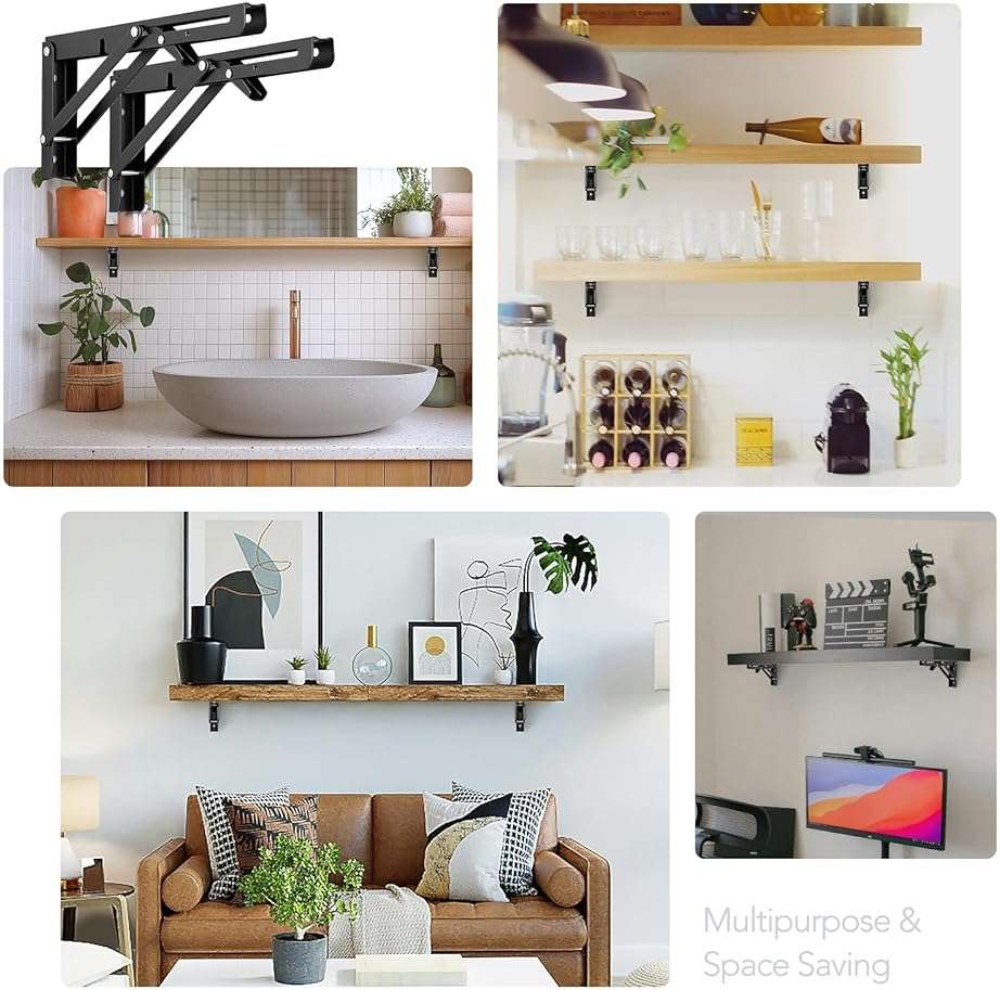JOY DECOR 12 Inch Heavy Duty Folding Shelf Brackets, 2 Pack (1 Pair) Collapsible Wall Mounted Brackets for Fold Down Table, Stainless Steel Folding Table Hinge, Matte Black - Image 8