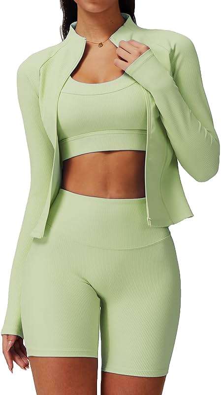 Women’s 3 Piece Workout Set – Sports Bra with Removable Pads, High Waist Biker Shorts & Zip Up Jacket for Yoga Gym Running - Image 1