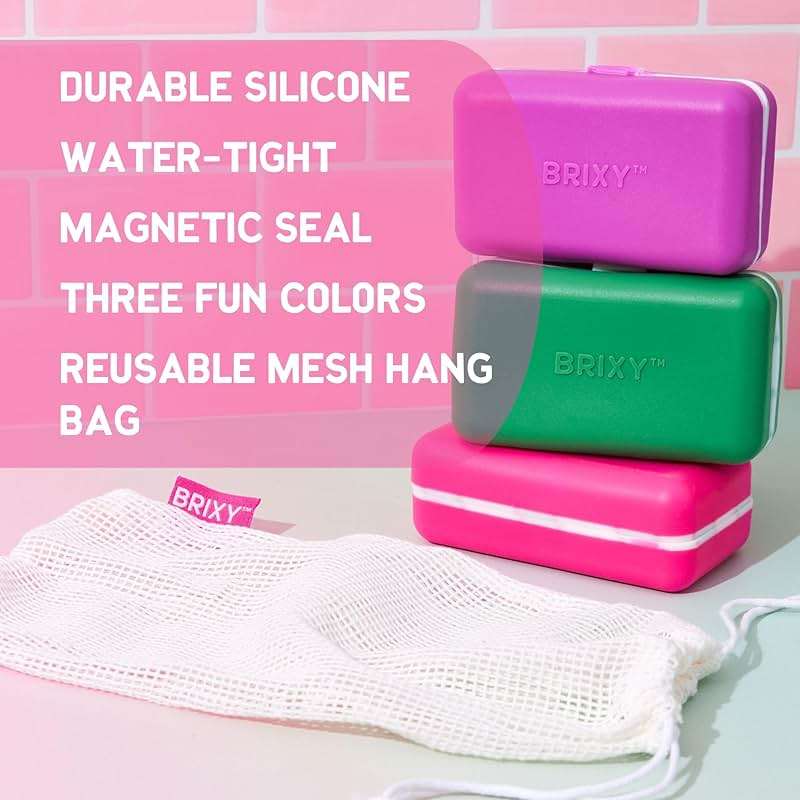 BRIXY Beauty Bar Travel Case Set – 3 Pack Soap Bar Travel Containers, Leakproof Portable Soap Holder, Durable Silicone, Magnetic Seal, TSA Friendly (Pink, Purple, Green) - Image 4