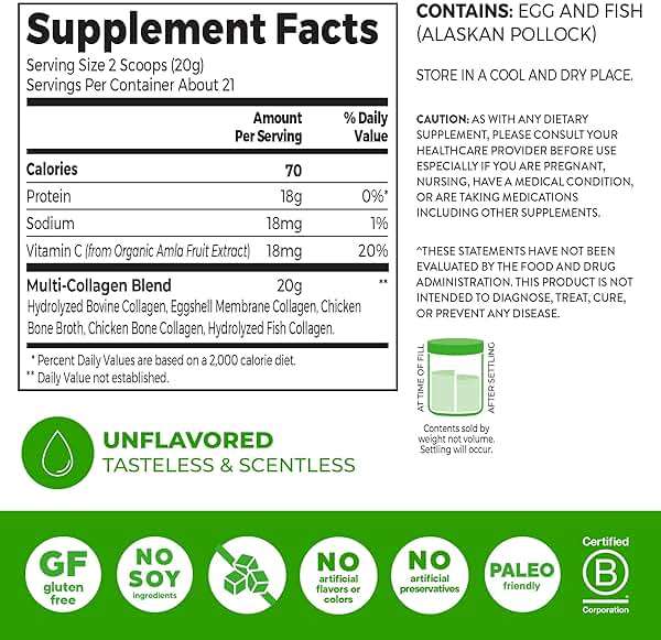 Orgain Hydrolyzed Multi Collagen Powder for Women & Men, 20g Collagen, Supports Hair, Skin, Nail & Joint Health, Type I, II, III, V, X, Vitamin C & Amino Acids, Non-GMO, Unflavored (21 Servings) 15oz - Image 2