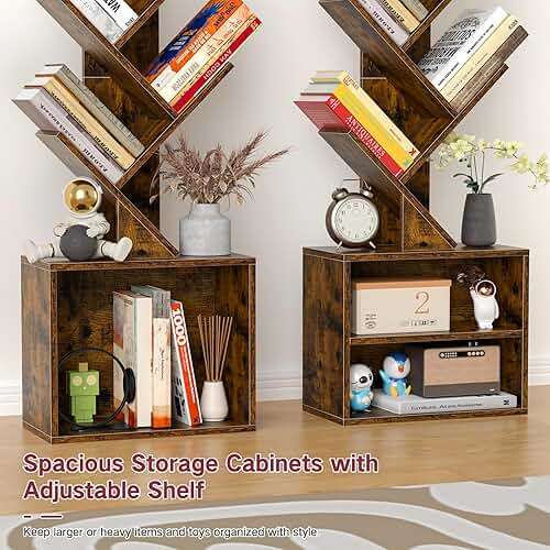 OUTONLIFE 9 Tier Tree Bookshelf with Light, Remote, Timer & Cabinet, Dimmable Modern Tall Floor Standing Corner Book Shelf, Small Narrow Wood Bookcase for Living Room, Bedroom, Office(Rustic Brown) - Image 3
