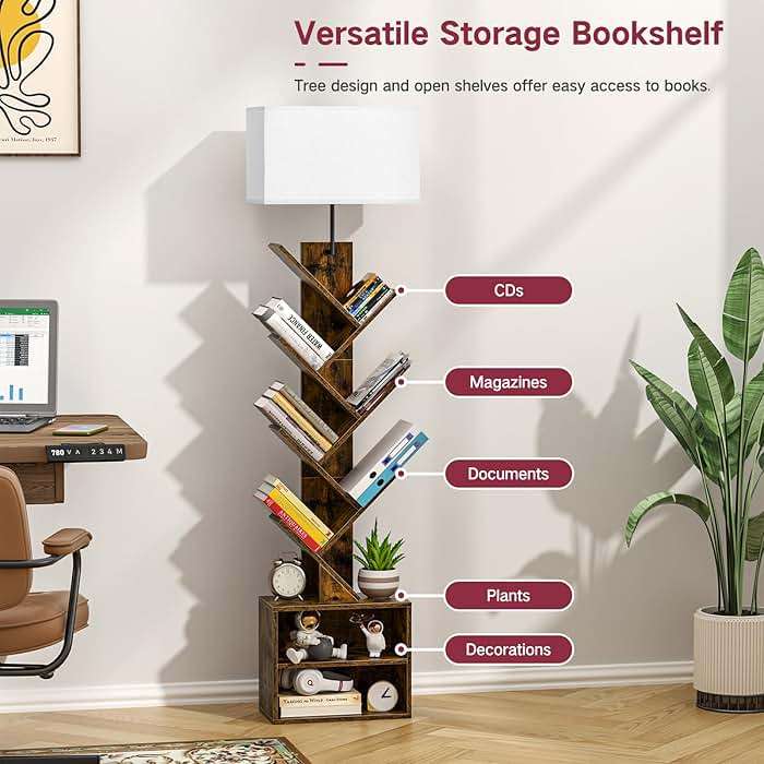 OUTONLIFE 9 Tier Tree Bookshelf with Light, Remote, Timer & Cabinet, Dimmable Modern Tall Floor Standing Corner Book Shelf, Small Narrow Wood Bookcase for Living Room, Bedroom, Office(Rustic Brown) - Image 5