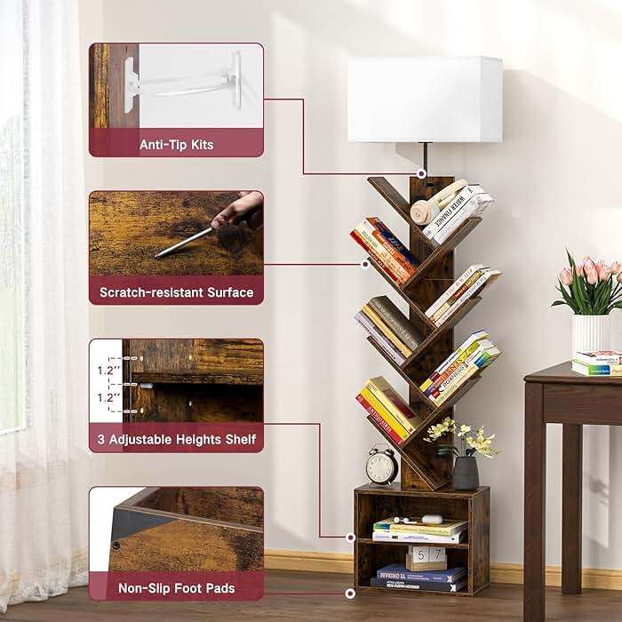 OUTONLIFE 9 Tier Tree Bookshelf with Light, Remote, Timer & Cabinet, Dimmable Modern Tall Floor Standing Corner Book Shelf, Small Narrow Wood Bookcase for Living Room, Bedroom, Office(Rustic Brown) - Image 6