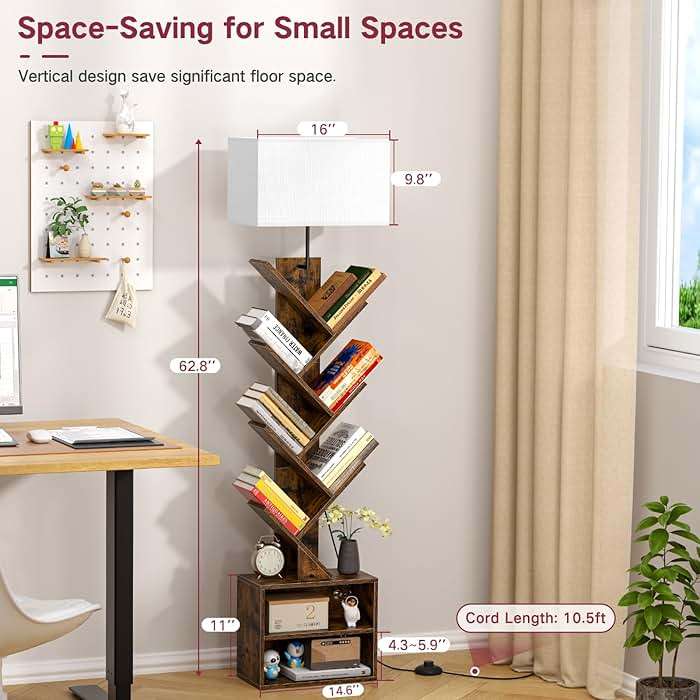 OUTONLIFE 9 Tier Tree Bookshelf with Light, Remote, Timer & Cabinet, Dimmable Modern Tall Floor Standing Corner Book Shelf, Small Narrow Wood Bookcase for Living Room, Bedroom, Office(Rustic Brown) - Image 7
