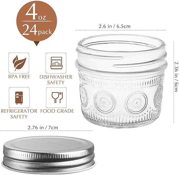 Amzcku 4 oz Glass Mason Jars with Regular Mouth Lids - 24-Pack Glass Canning Jars for Storage, Overnight Oats, Jam, Jelly, Honey, Beans, Spices, Wedding Favors, Shower Favors - Image 3