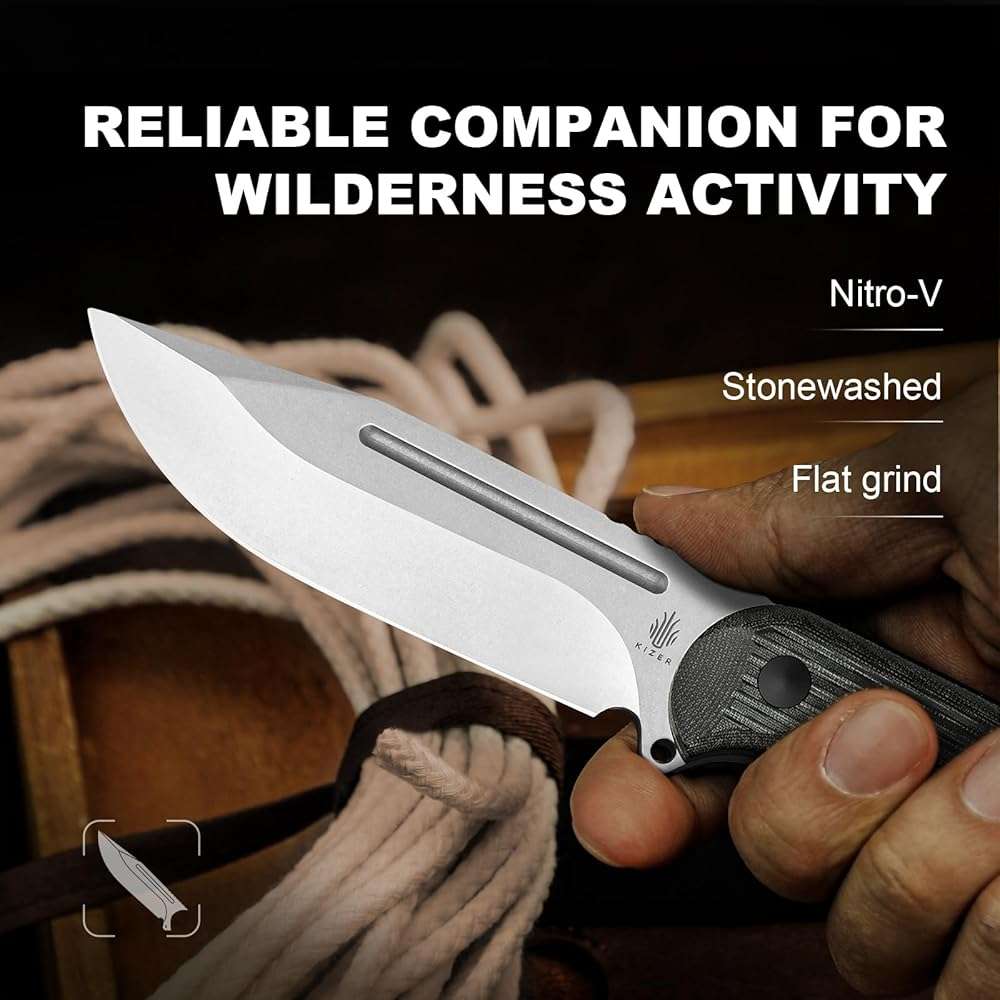 Kizer Ursa Major Fixed Blade Knife, 4.43" Nitro-V Blade Hunting Survival Knife with Ergonomic Black Micarta Handle, Full Tang Camping Knives with Sheath & Hexagon Hole for Outdoor Activities, 1082A3 - Image 2
