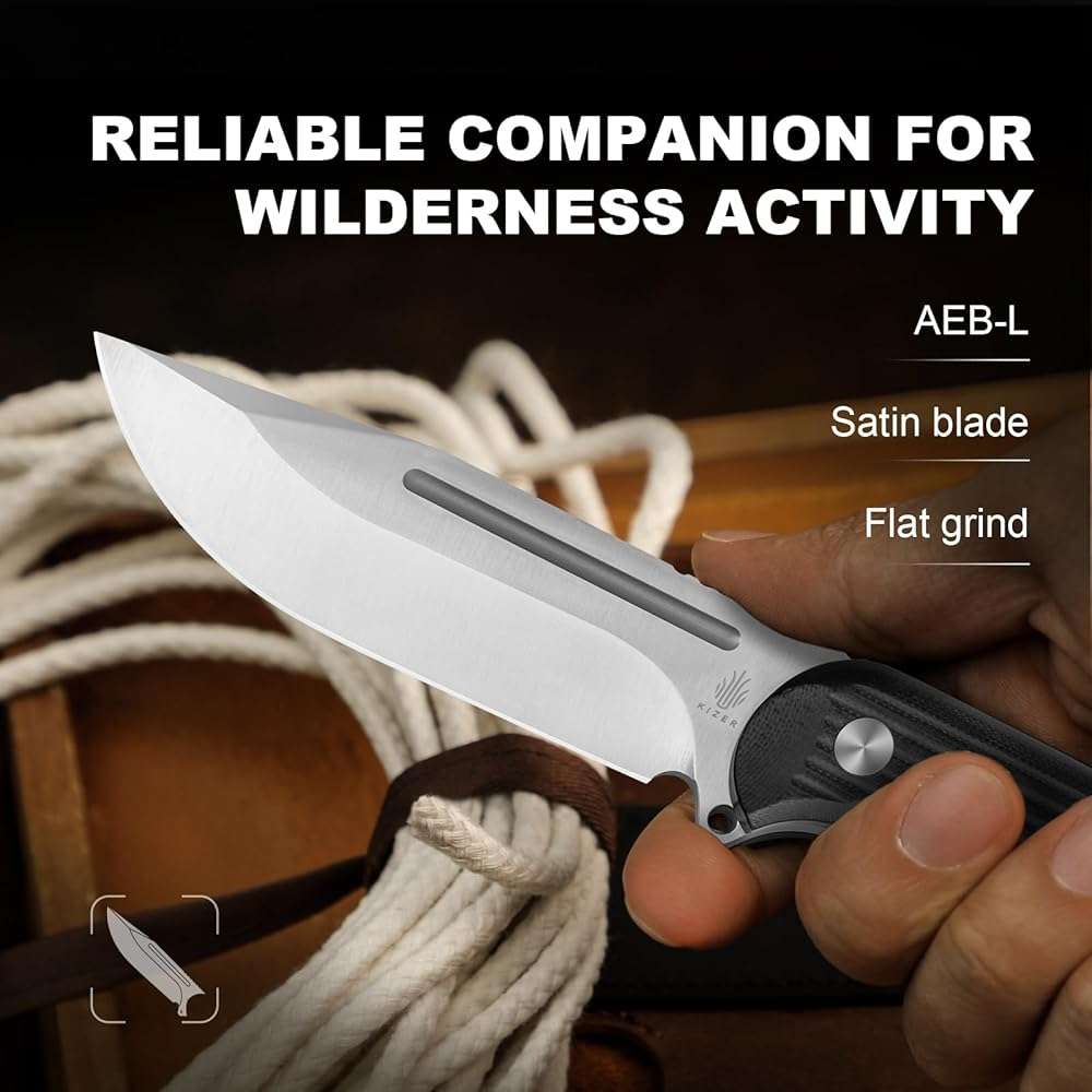 Kizer Ursa Major Fixed Blade Knife, 4.43" AEB-L Blade Hunting Survival Knife with Ergonomic Black G10 Handle, Full Tang EDC Camping Knives with Sheath & Hexagon Hole for Outdoor Activities, 1082A1 - Image 2