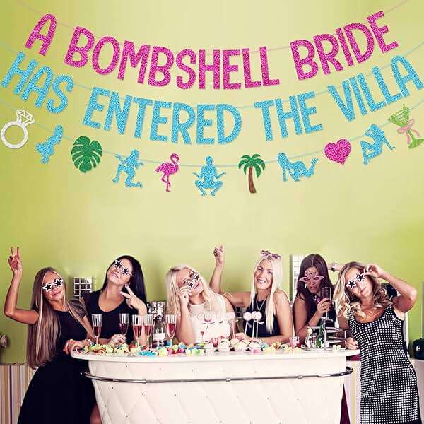 A Bombshell Bride Has Entered The Villa Banner Garland for Tropical Island Themed Bachelorette Party Decorations - Image 2