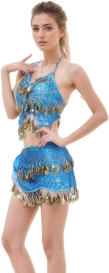 Jormino Belly Dance Hip Scarf with Crop Top Set, Sequined Fringe Skirt & Glittering Bra Tops - Image 2