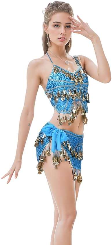 Jormino Belly Dance Hip Scarf with Crop Top Set, Sequined Fringe Skirt & Glittering Bra Tops - Image 3