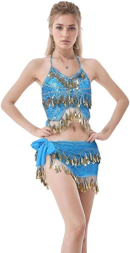 Jormino Belly Dance Hip Scarf with Crop Top Set, Sequined Fringe Skirt & Glittering Bra Tops - Image 4