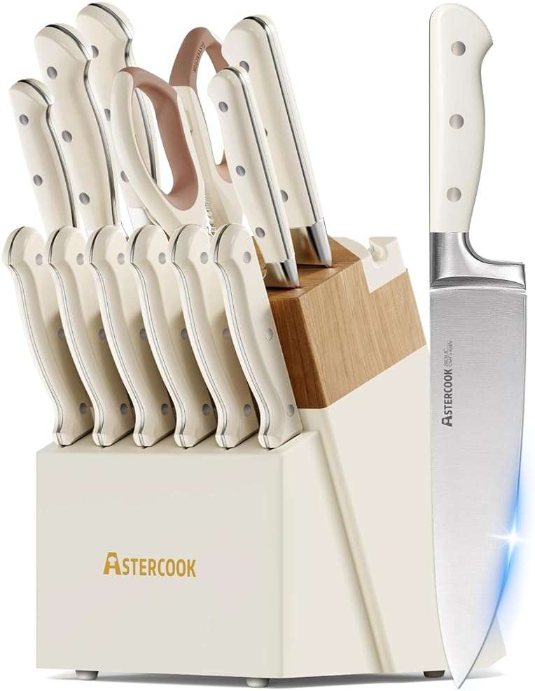 Knife Set,Astercook Kitchen Knife Set with Block 14-Piece Full Tang Stainless Steel Knives with Sharpener Dishwasher Safe and Anti-Slip Ergonomic Handle Utensils Set - Image 1