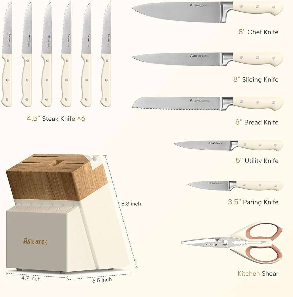 Knife Set,Astercook Kitchen Knife Set with Block 14-Piece Full Tang Stainless Steel Knives with Sharpener Dishwasher Safe and Anti-Slip Ergonomic Handle Utensils Set - Image 2