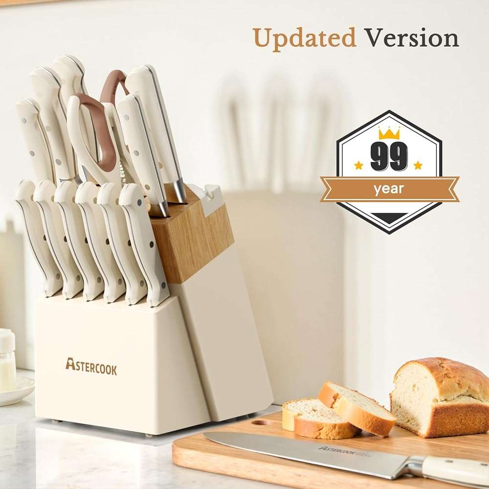 Knife Set,Astercook Kitchen Knife Set with Block 14-Piece Full Tang Stainless Steel Knives with Sharpener Dishwasher Safe and Anti-Slip Ergonomic Handle Utensils Set - Image 4