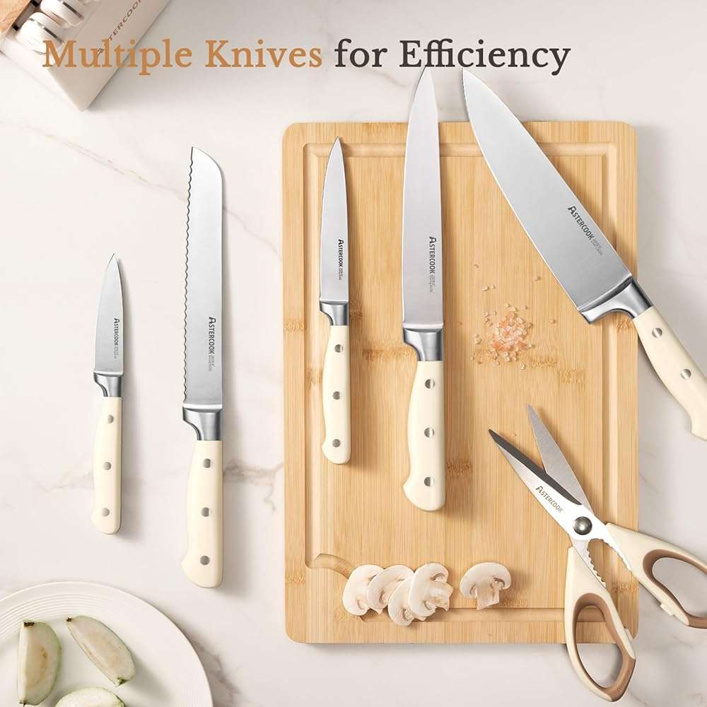 Knife Set,Astercook Kitchen Knife Set with Block 14-Piece Full Tang Stainless Steel Knives with Sharpener Dishwasher Safe and Anti-Slip Ergonomic Handle Utensils Set - Image 7