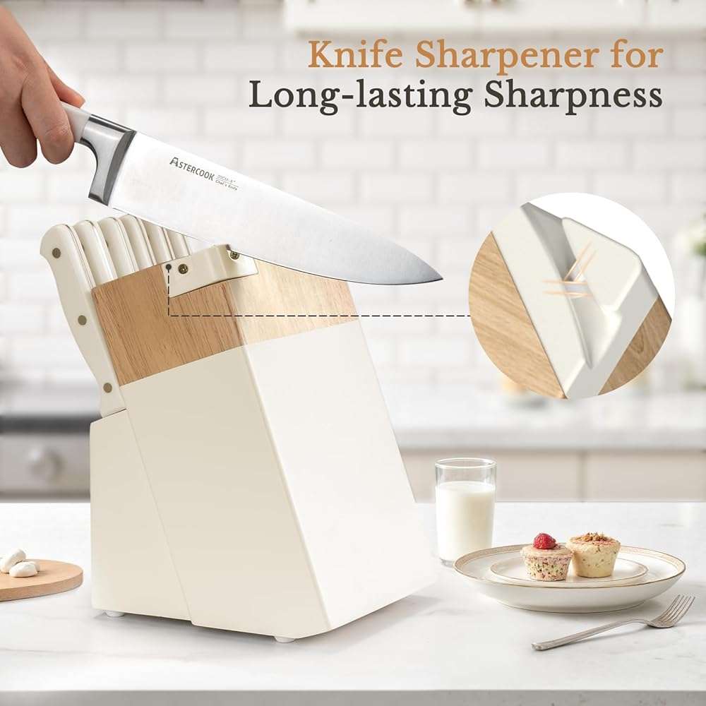 Knife Set,Astercook Kitchen Knife Set with Block 14-Piece Full Tang Stainless Steel Knives with Sharpener Dishwasher Safe and Anti-Slip Ergonomic Handle Utensils Set - Image 8
