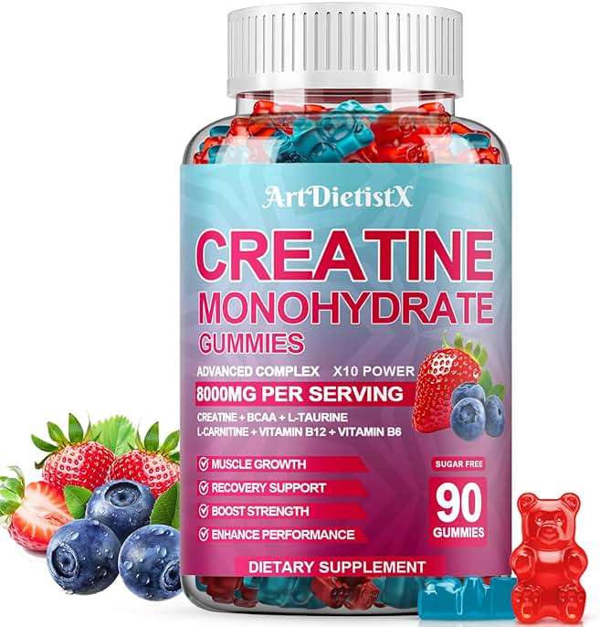 Creatine Monohydrate Gummies with BCAA, L-Carnitine, Taurine & Vitamin B12 - Pre Workout Supplement for Muscle Growth, Strength & Energy, Multi-Flavor Chewable Gummies, 90 Count for Men & Women - Image 1