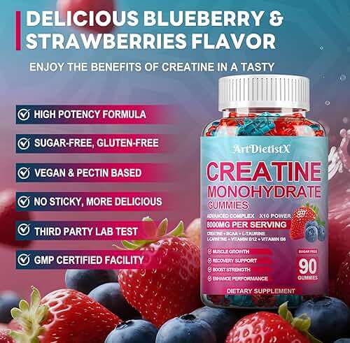 Creatine Monohydrate Gummies with BCAA, L-Carnitine, Taurine & Vitamin B12 - Pre Workout Supplement for Muscle Growth, Strength & Energy, Multi-Flavor Chewable Gummies, 90 Count for Men & Women - Image 3