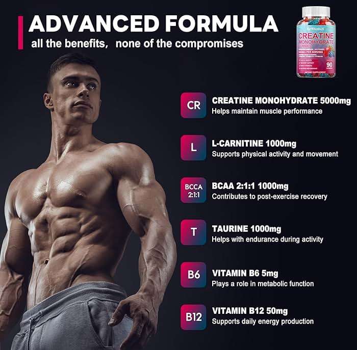 Creatine Monohydrate Gummies with BCAA, L-Carnitine, Taurine & Vitamin B12 - Pre Workout Supplement for Muscle Growth, Strength & Energy, Multi-Flavor Chewable Gummies, 90 Count for Men & Women - Image 5