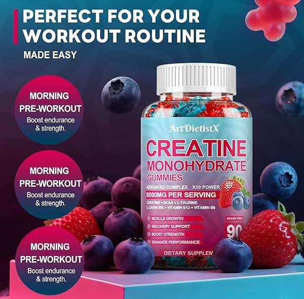 Creatine Monohydrate Gummies with BCAA, L-Carnitine, Taurine & Vitamin B12 - Pre Workout Supplement for Muscle Growth, Strength & Energy, Multi-Flavor Chewable Gummies, 90 Count for Men & Women - Image 8