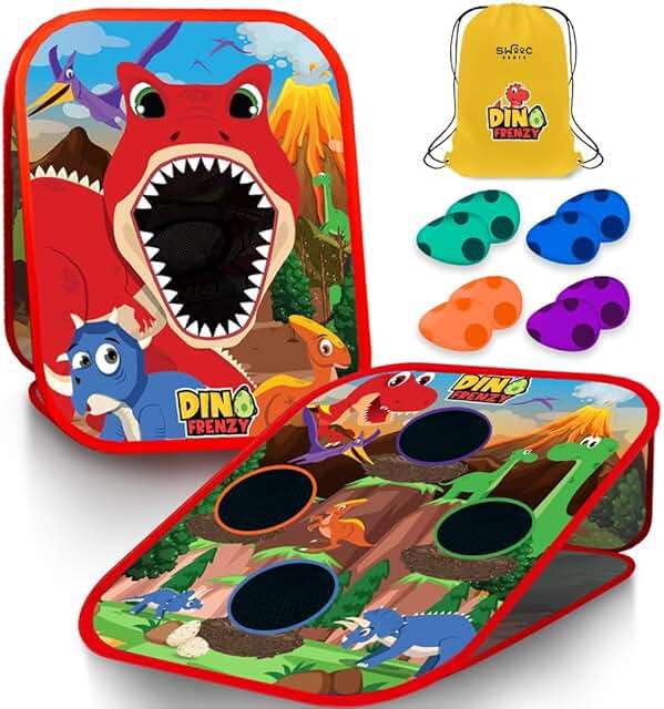 Swooc Games® - Dino Frenzy™ | 2-in-1 Corn Hole Games for Kids | 5-Second Setup | Dinosaur Bean Bag Toss Game for Kids | Kid Cornhole Game Set | Toddler Party Activity | Outside Bean Bags Kid Tossing - Image 1
