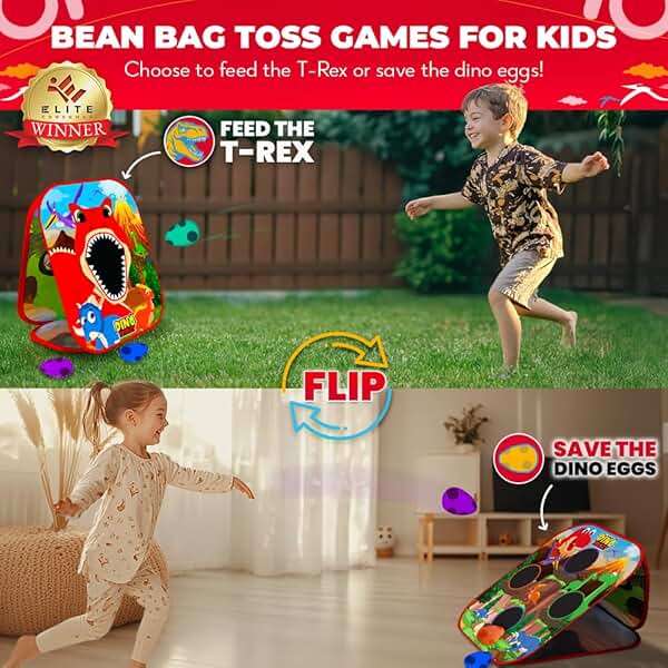 Swooc Games® - Dino Frenzy™ | 2-in-1 Corn Hole Games for Kids | 5-Second Setup | Dinosaur Bean Bag Toss Game for Kids | Kid Cornhole Game Set | Toddler Party Activity | Outside Bean Bags Kid Tossing - Image 2