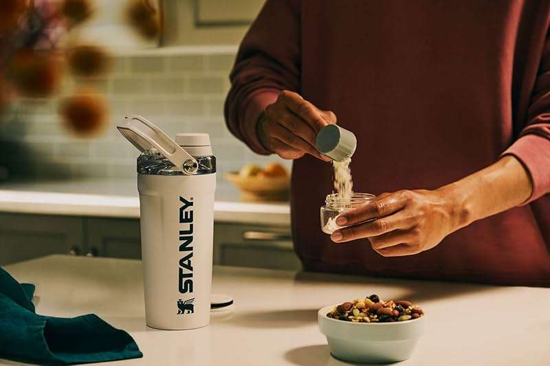 STANLEY Vitalize Shaker Bottle 20 oz | Leakproof Insulated Stainless Steel Shaker Cup | Base Storage and Twist On Fast Flow Lid | Protein Shakes and Pre Workout Powder | BPA-Free | Chalk - Image 8