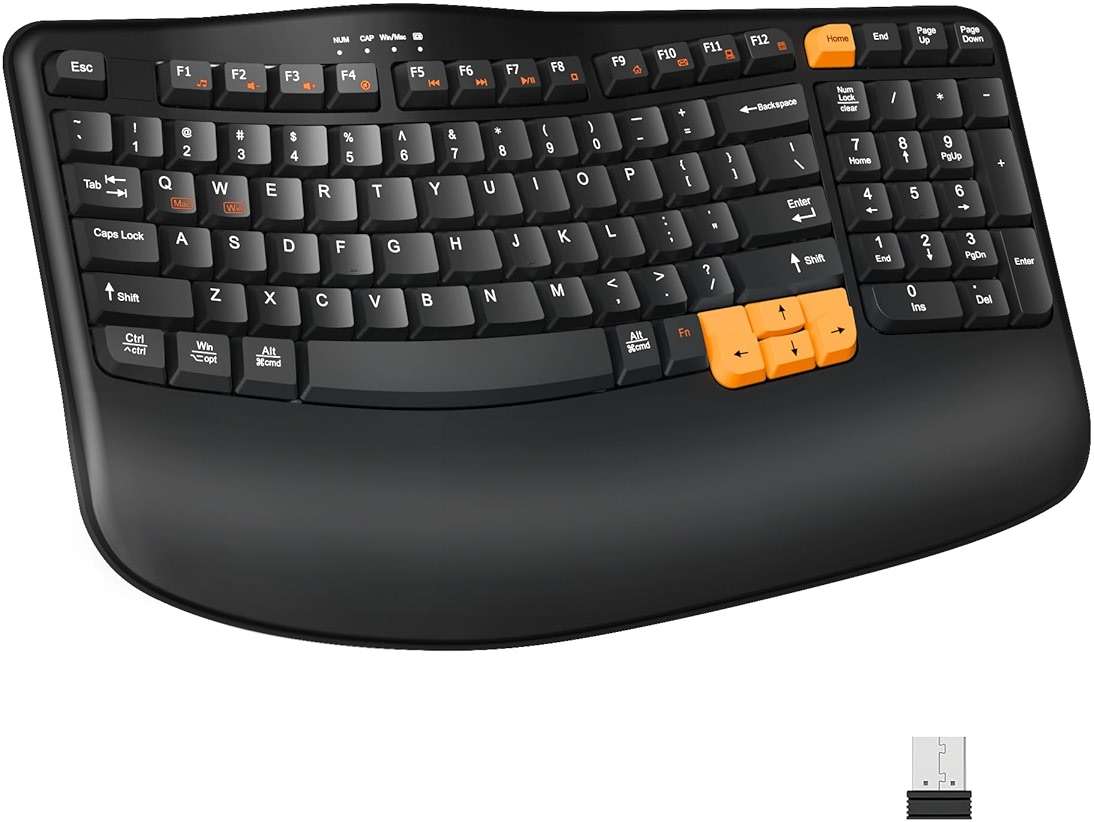 RECCAZR Ergonomic Wireless Keyboard with Wrist Rest, Wave Keys for Comfortable Natural Typing, 2.4GHz Ergo Wireless Computer Keyboard for Windows, Mac OS Laptop/PC/Notebook (Black&Orange) - Image 1