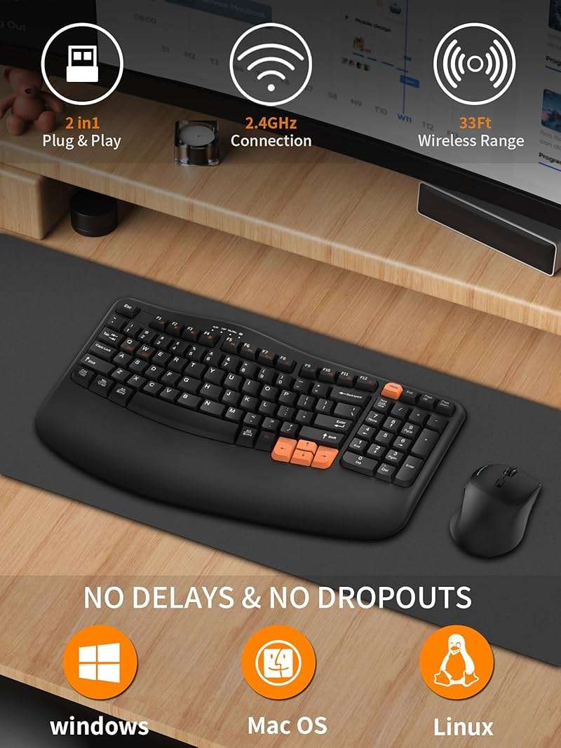 RECCAZR Ergonomic Wireless Keyboard with Wrist Rest, Wave Keys for Comfortable Natural Typing, 2.4GHz Ergo Wireless Computer Keyboard for Windows, Mac OS Laptop/PC/Notebook (Black&Orange) - Image 2