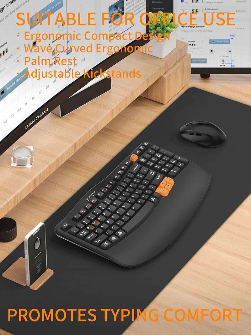 RECCAZR Ergonomic Wireless Keyboard with Wrist Rest, Wave Keys for Comfortable Natural Typing, 2.4GHz Ergo Wireless Computer Keyboard for Windows, Mac OS Laptop/PC/Notebook (Black&Orange) - Image 3
