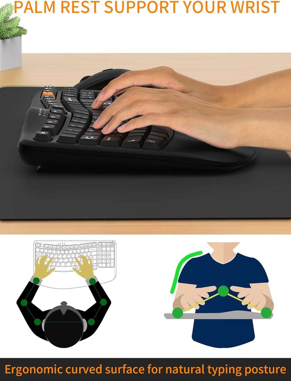 RECCAZR Ergonomic Wireless Keyboard with Wrist Rest, Wave Keys for Comfortable Natural Typing, 2.4GHz Ergo Wireless Computer Keyboard for Windows, Mac OS Laptop/PC/Notebook (Black&Orange) - Image 4