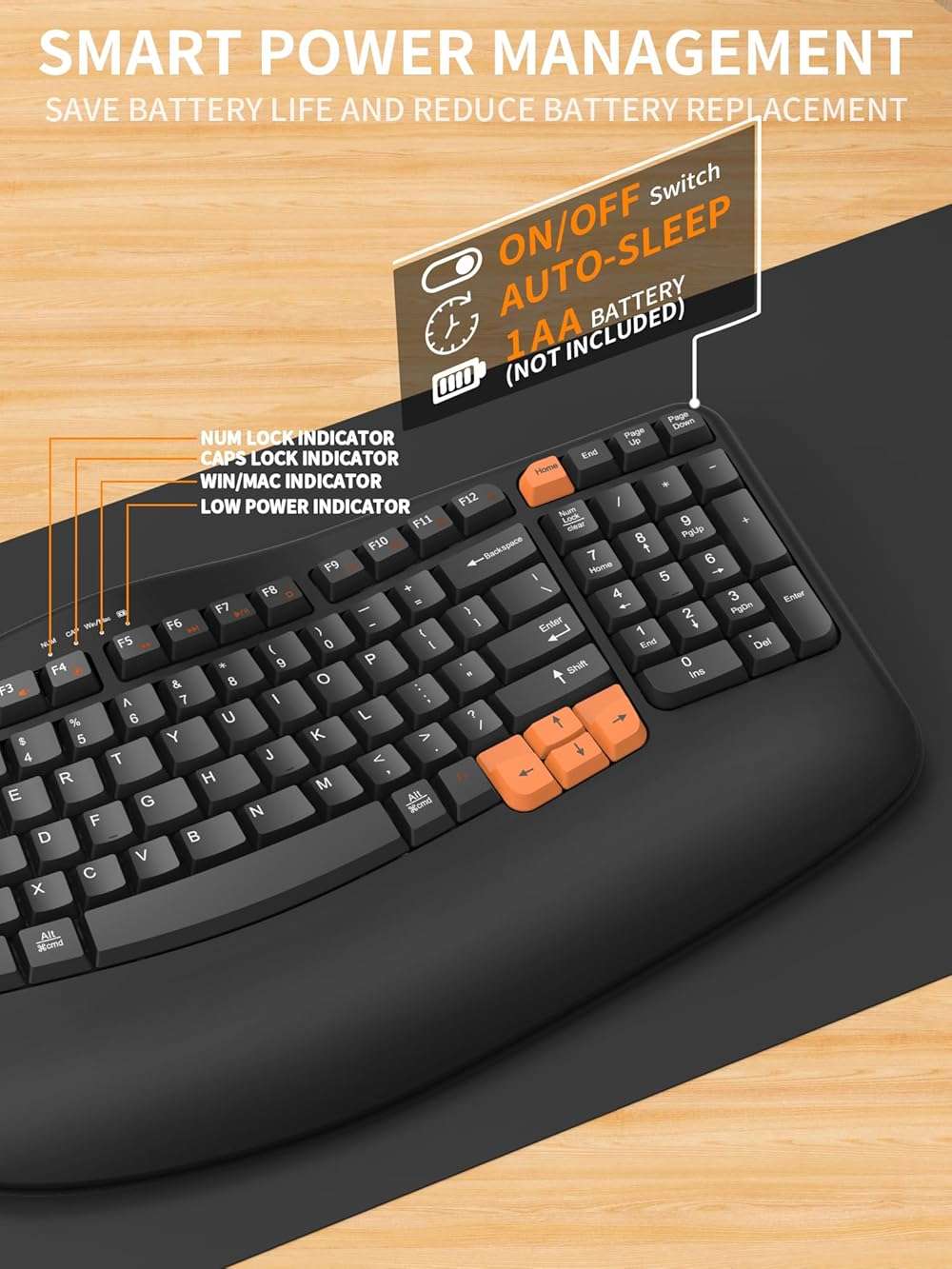 RECCAZR Ergonomic Wireless Keyboard with Wrist Rest, Wave Keys for Comfortable Natural Typing, 2.4GHz Ergo Wireless Computer Keyboard for Windows, Mac OS Laptop/PC/Notebook (Black&Orange) - Image 5