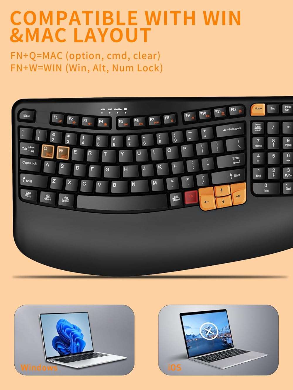 RECCAZR Ergonomic Wireless Keyboard with Wrist Rest, Wave Keys for Comfortable Natural Typing, 2.4GHz Ergo Wireless Computer Keyboard for Windows, Mac OS Laptop/PC/Notebook (Black&Orange) - Image 6