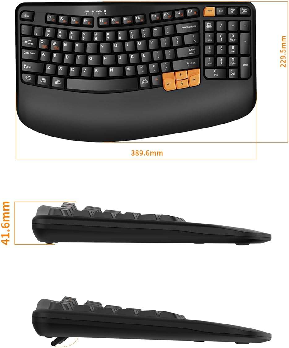 RECCAZR Ergonomic Wireless Keyboard with Wrist Rest, Wave Keys for Comfortable Natural Typing, 2.4GHz Ergo Wireless Computer Keyboard for Windows, Mac OS Laptop/PC/Notebook (Black&Orange) - Image 9