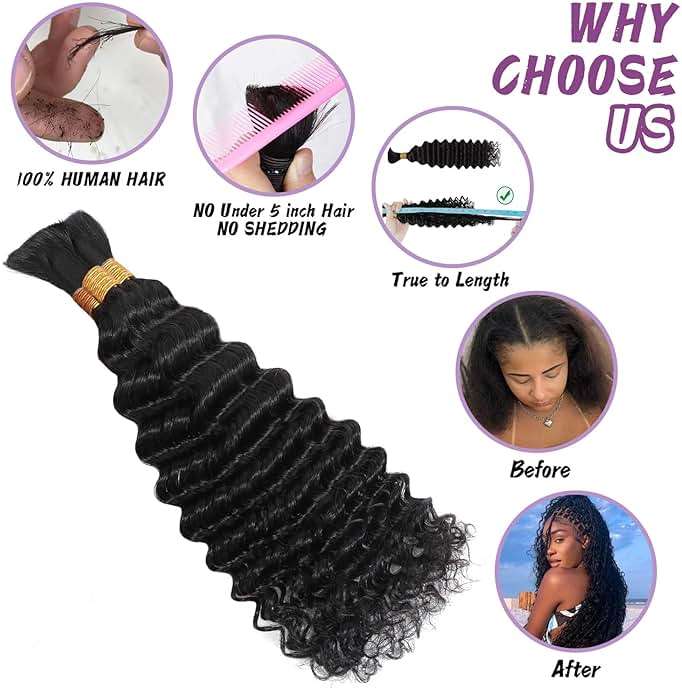 Afihond Human Braiding Hair for Boho Braids 120g Deep Water Wave Bulk Human Hair for Braiding No Weft 12A Wet and Wavy Curly Human Hair Extensions 3 Bundles/Pack Natural Color 18 Inch - Image 4