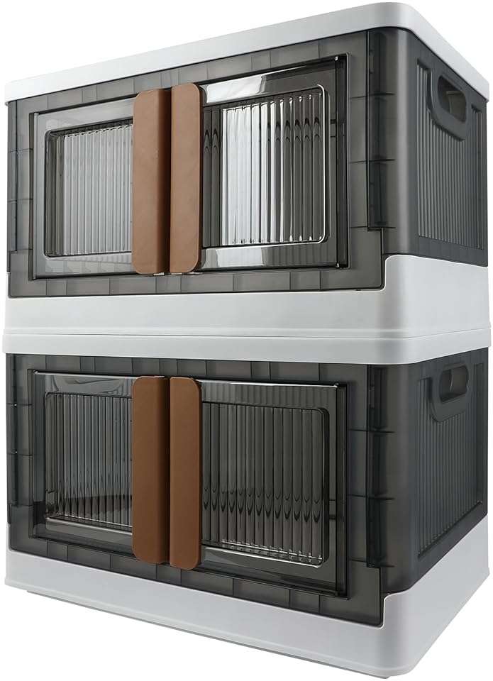 AssHMKIT Storage Bin, Foldable Cabinet, 8.4 Gallon (32L) Capacity (Each One), 2 Pack, Collapsible Box with Lids, Transparent, Organizers for Living Room, Bedroom - Image 1