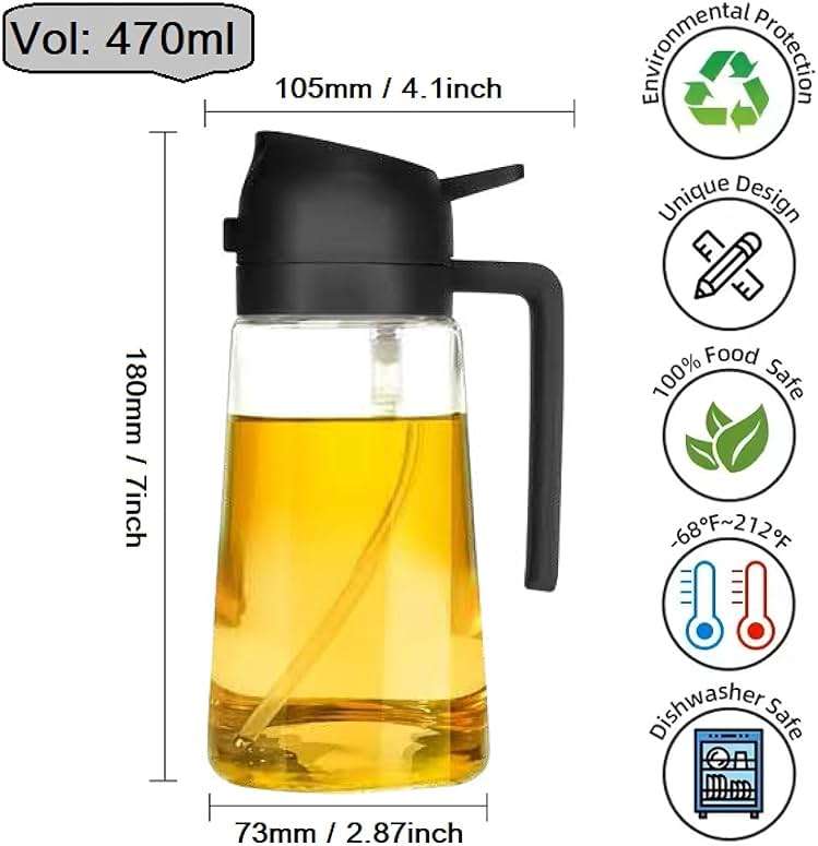KASHLAND Oil Sprayer for Cooking 2 in 1, 470ml/16oz, Oil Spray & Dispenser Glass Bottle, Food-grade material for Kitchen, Salad Dressing, Frying, Air Fryer & BBQ (Black) - Image 2