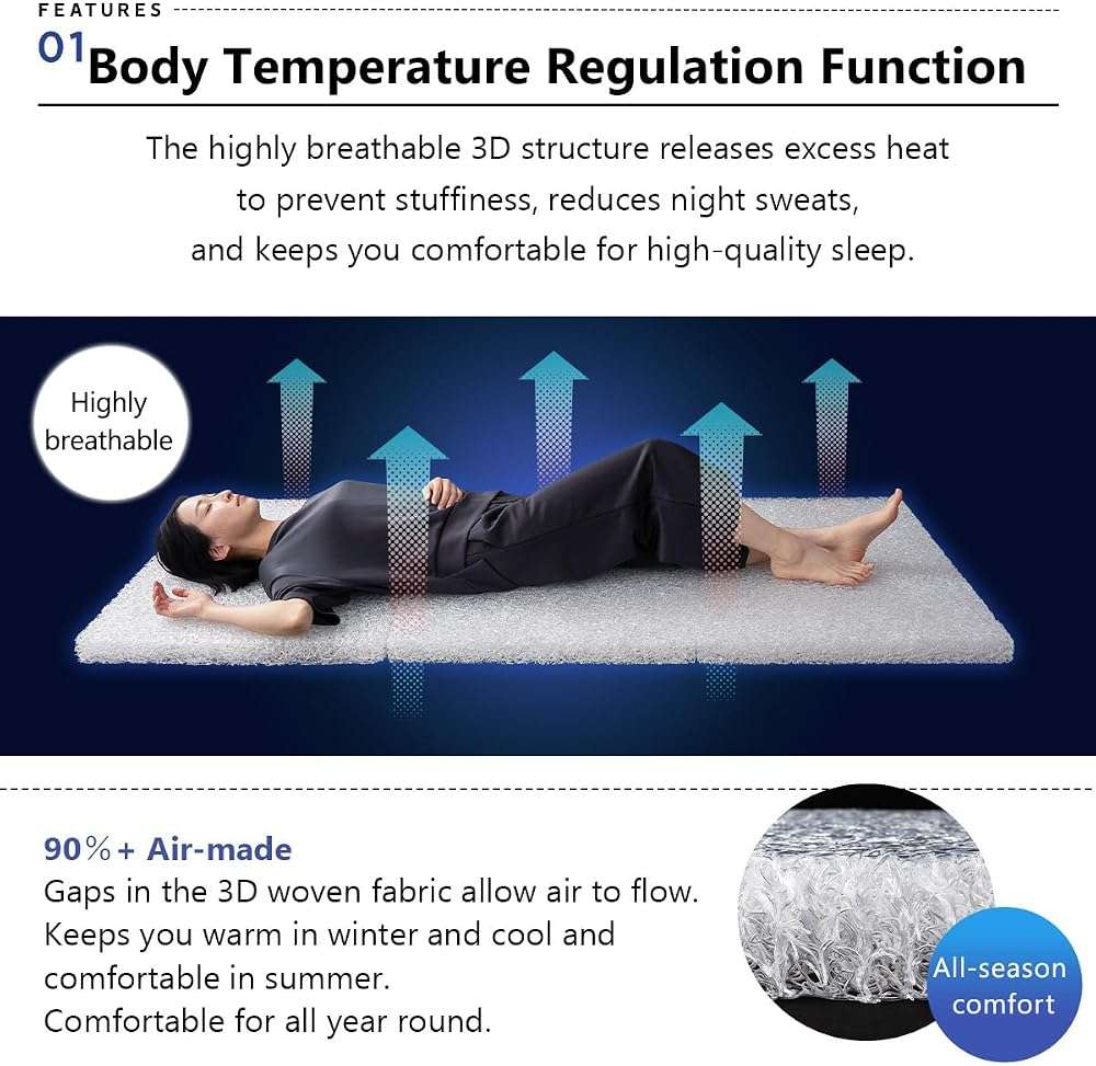 EMOOR 3D Structure Tri-Fold Mattress 3D-MAT-DX Twin Beige, High-Resilience Air-Flow Washable Floor Sleep Guest Bed Tatami - Image 3