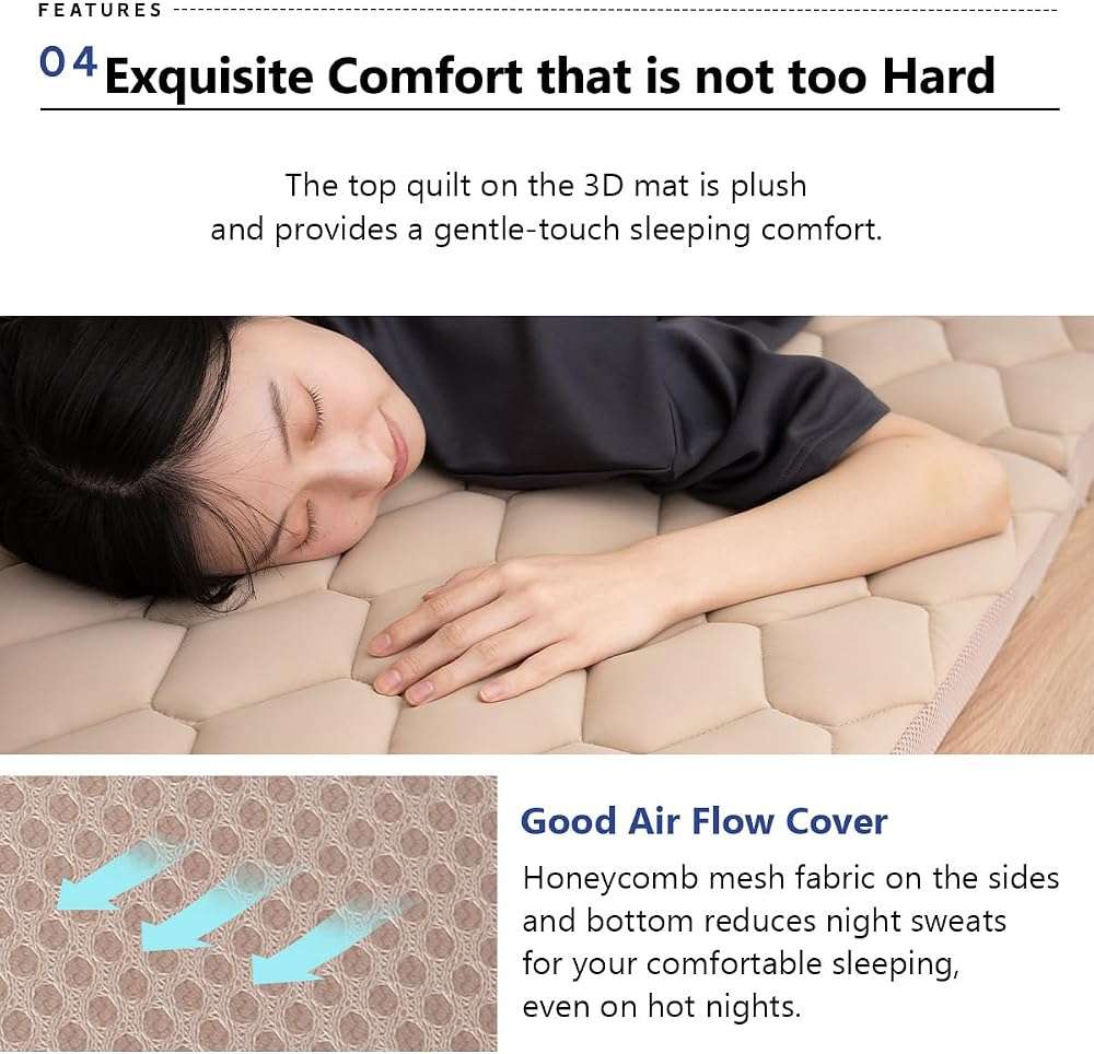 EMOOR 3D Structure Tri-Fold Mattress 3D-MAT-DX Twin Beige, High-Resilience Air-Flow Washable Floor Sleep Guest Bed Tatami - Image 6