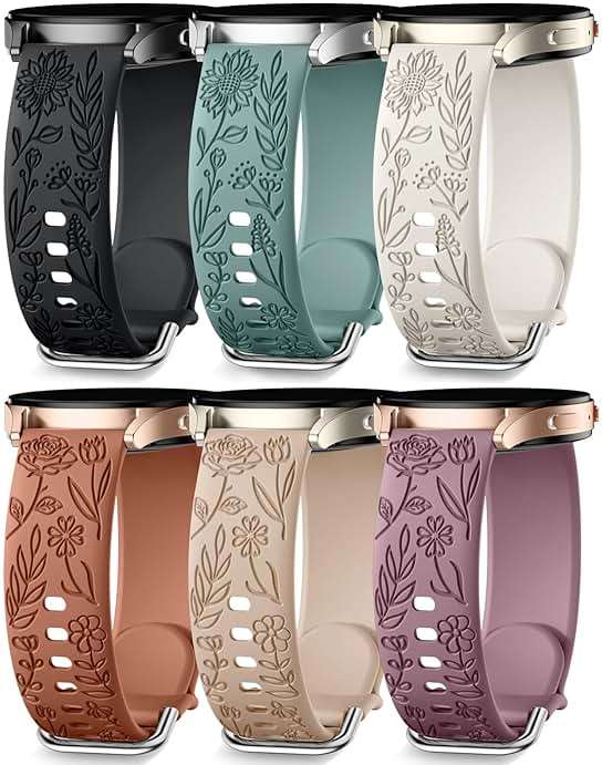 SNBLK 6 Pack Floral Engraved Bands Compatible with Samsung Galaxy Watch 7 Band 6 5 4 Active 2 FE 40mm 44mm/Watch 6/4 Classic/5 Pro/3, 20mm Cute Flower Silicone Sport Strap for Samsung Watch Bands Women - Image 1