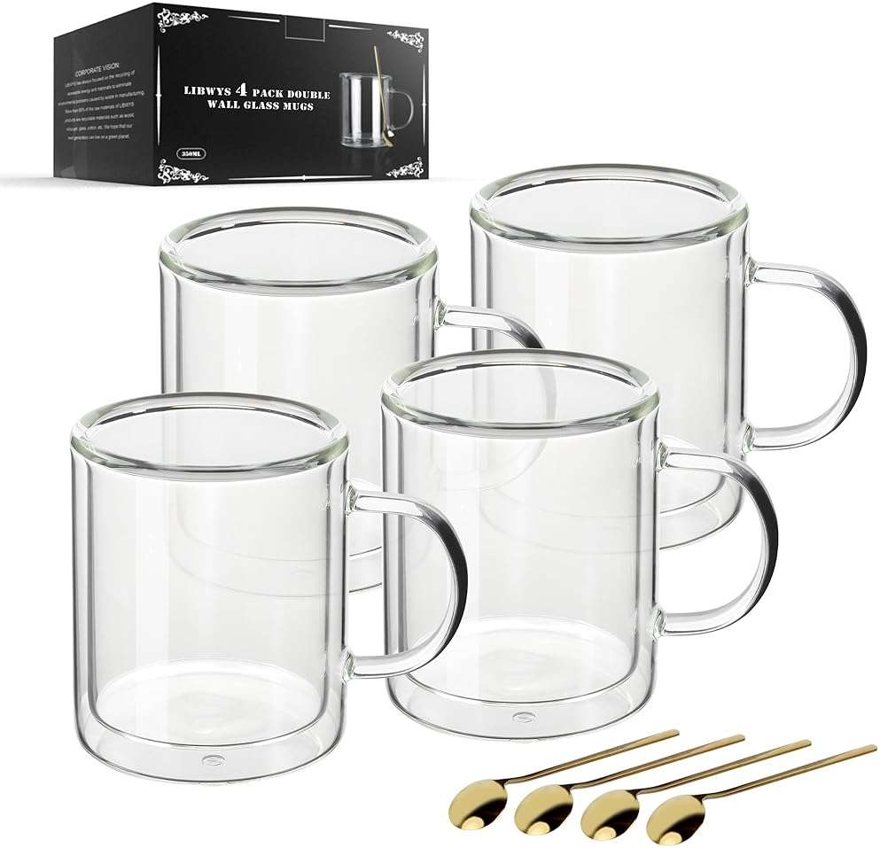 LIBWYS 12oz Double Wall Coffee Mugs (4-Pack) - Insulated Borosilicate Glass Cups with Handle for Espresso, Cappuccino, Latte - Heat Resistant, Dishwasher Safe Hot/Cold Beverage Glasses 350ml - Image 1