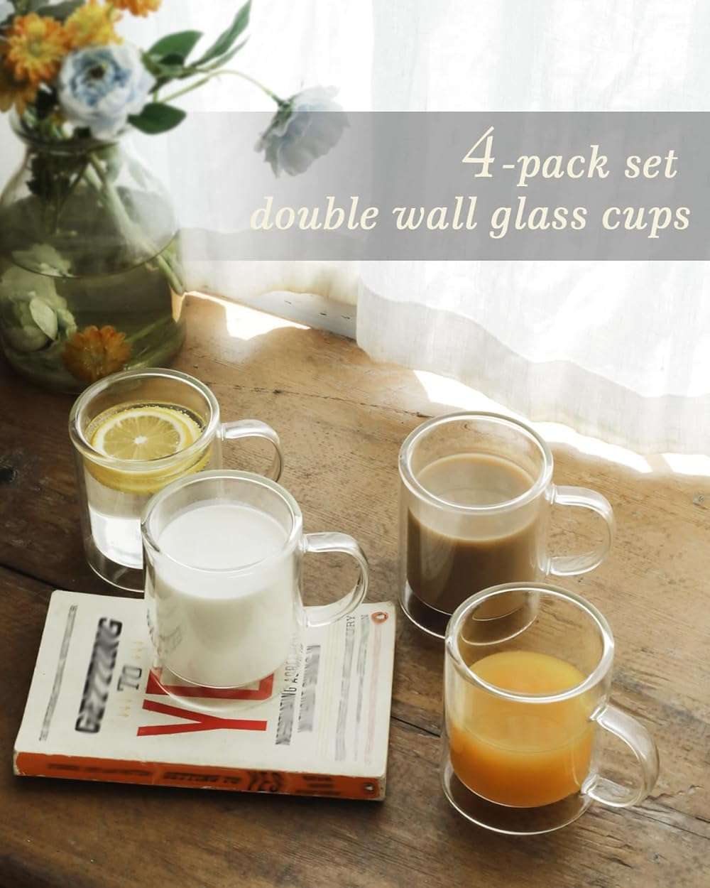 LIBWYS 12oz Double Wall Coffee Mugs (4-Pack) - Insulated Borosilicate Glass Cups with Handle for Espresso, Cappuccino, Latte - Heat Resistant, Dishwasher Safe Hot/Cold Beverage Glasses 350ml - Image 3
