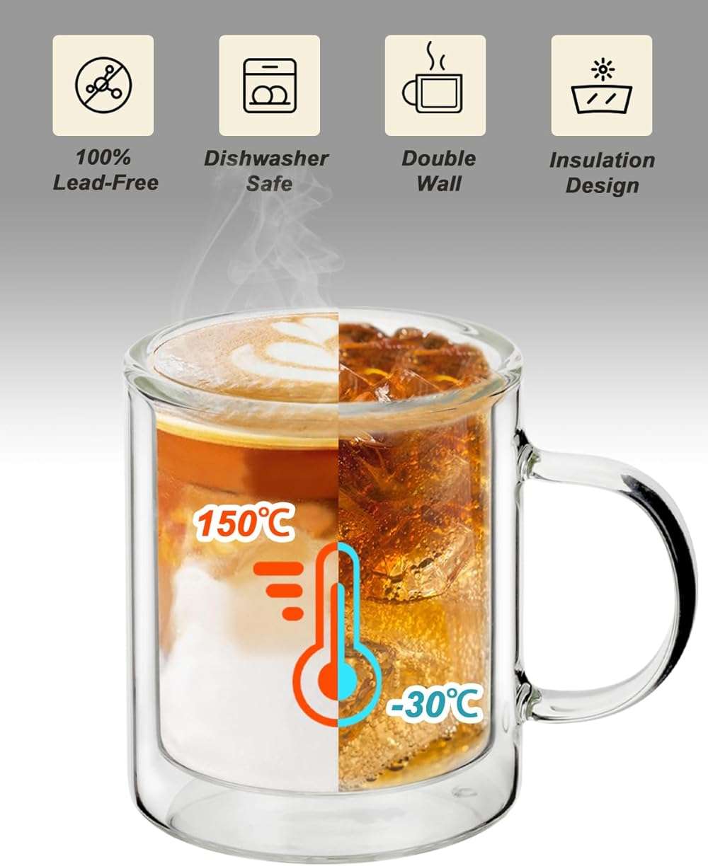 LIBWYS 12oz Double Wall Coffee Mugs (4-Pack) - Insulated Borosilicate Glass Cups with Handle for Espresso, Cappuccino, Latte - Heat Resistant, Dishwasher Safe Hot/Cold Beverage Glasses 350ml - Image 5